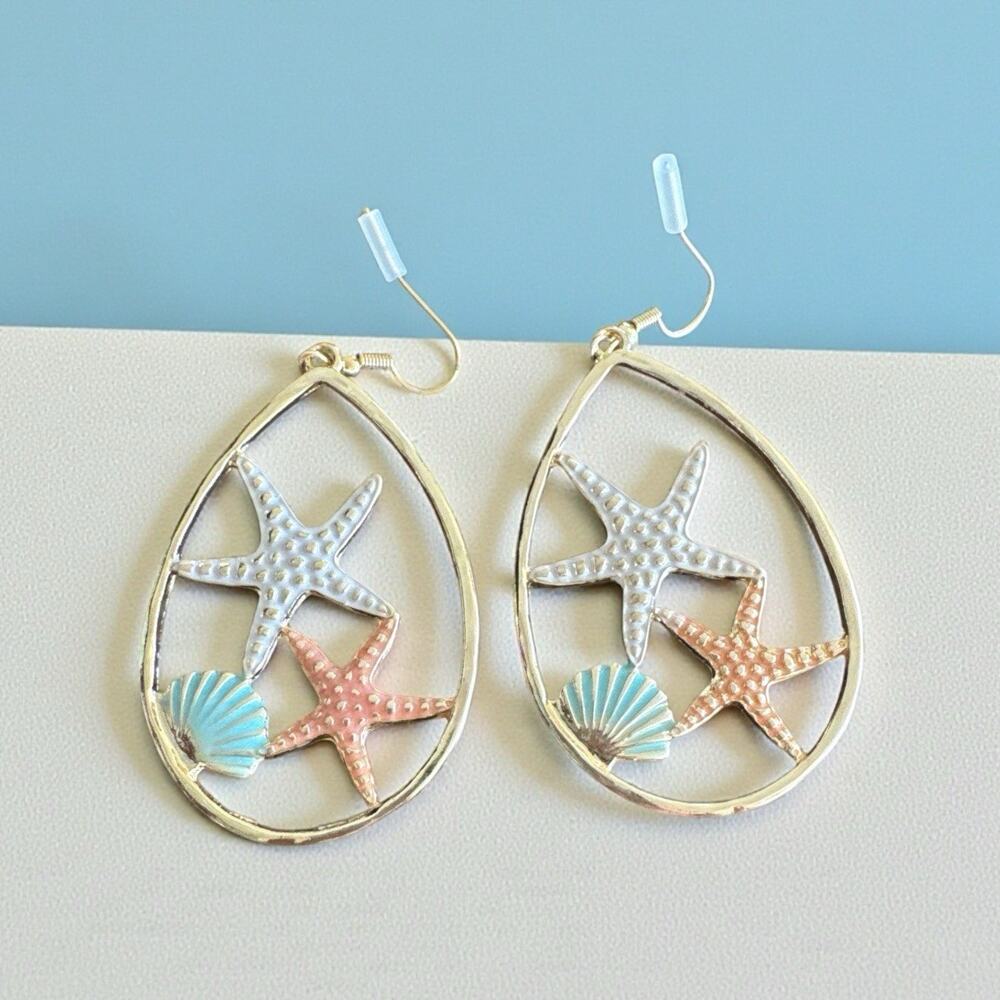 Beach Earrings Starfish Ocean life 18k Gold teardrop Hoops Seashell